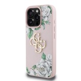 Guess PU Grained Roses 4G Metal Logo Zadní Kryt pro iPhone 16 Pro Pink