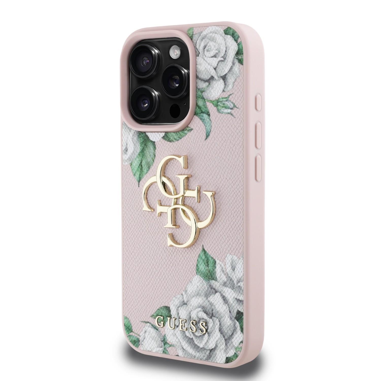 Guess PU Grained Roses 4G Metal Logo Zadní Kryt pro iPhone 16 Pro Pink