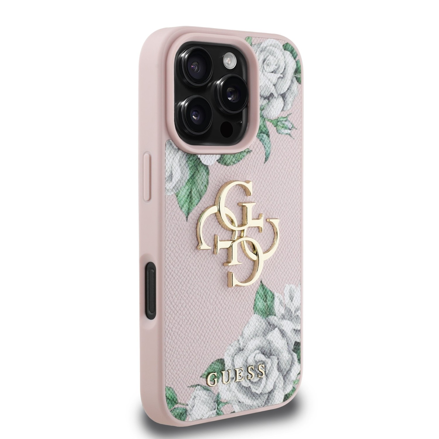 Guess PU Grained Roses 4G Metal Logo Zadní Kryt pro iPhone 16 Pro Pink