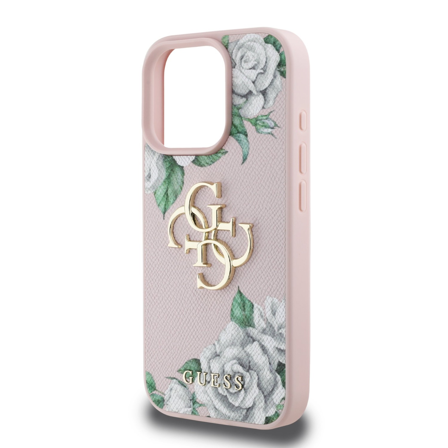 Guess PU Grained Roses 4G Metal Logo Zadní Kryt pro iPhone 16 Pro Pink
