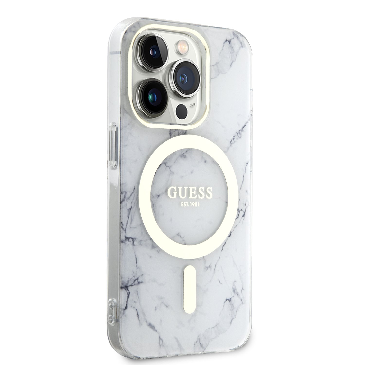 Guess IML Marble MagSafe Zadní Kryt pro iPhone 13 Pro White