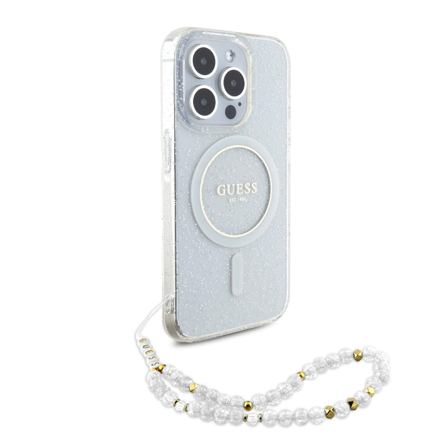 Guess IML Glitter Strap MagSafe Zadní Kryt pro iPhone 15 Pro Max Transparent