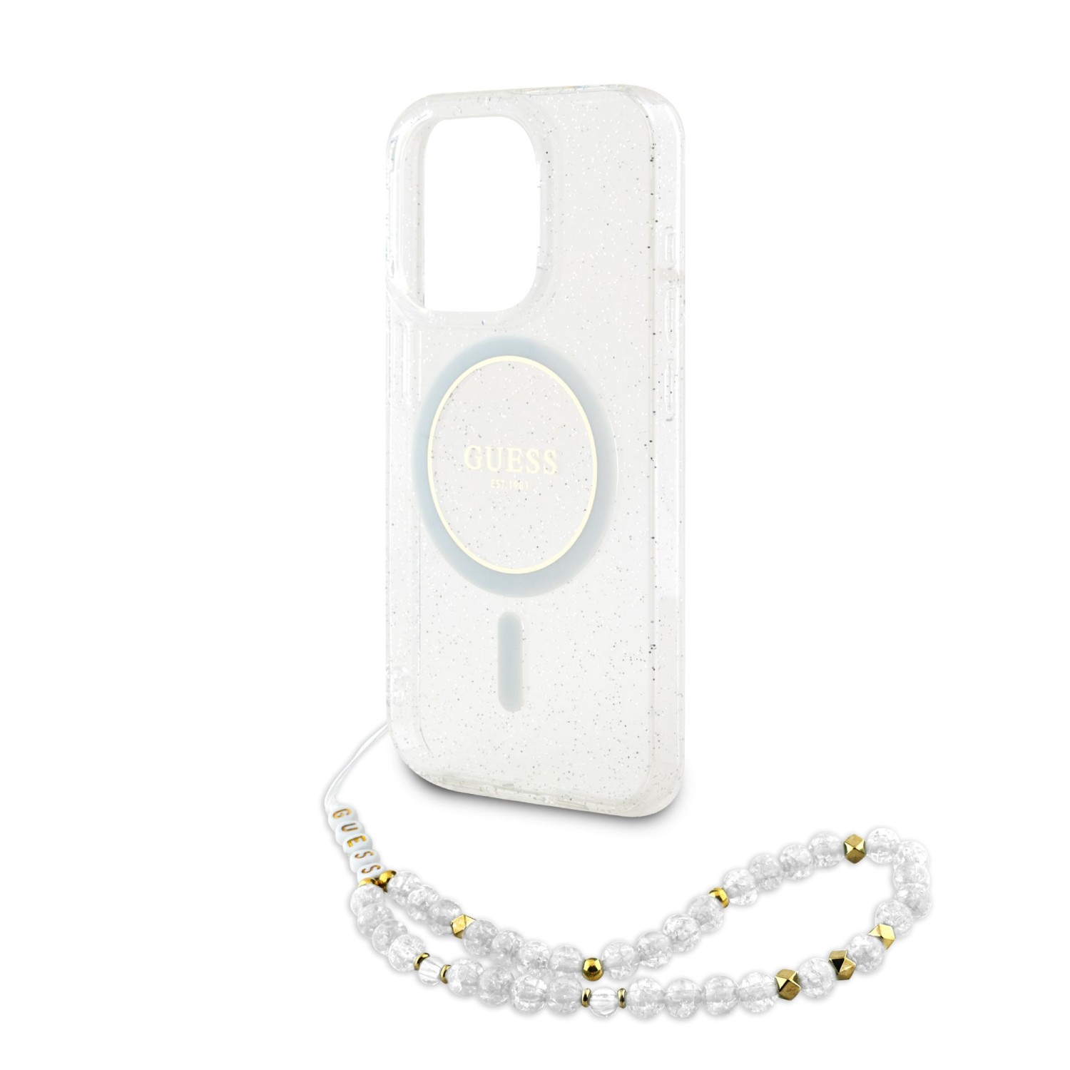 Guess IML Glitter Strap MagSafe Zadní Kryt pro iPhone 15 Pro Max Transparent