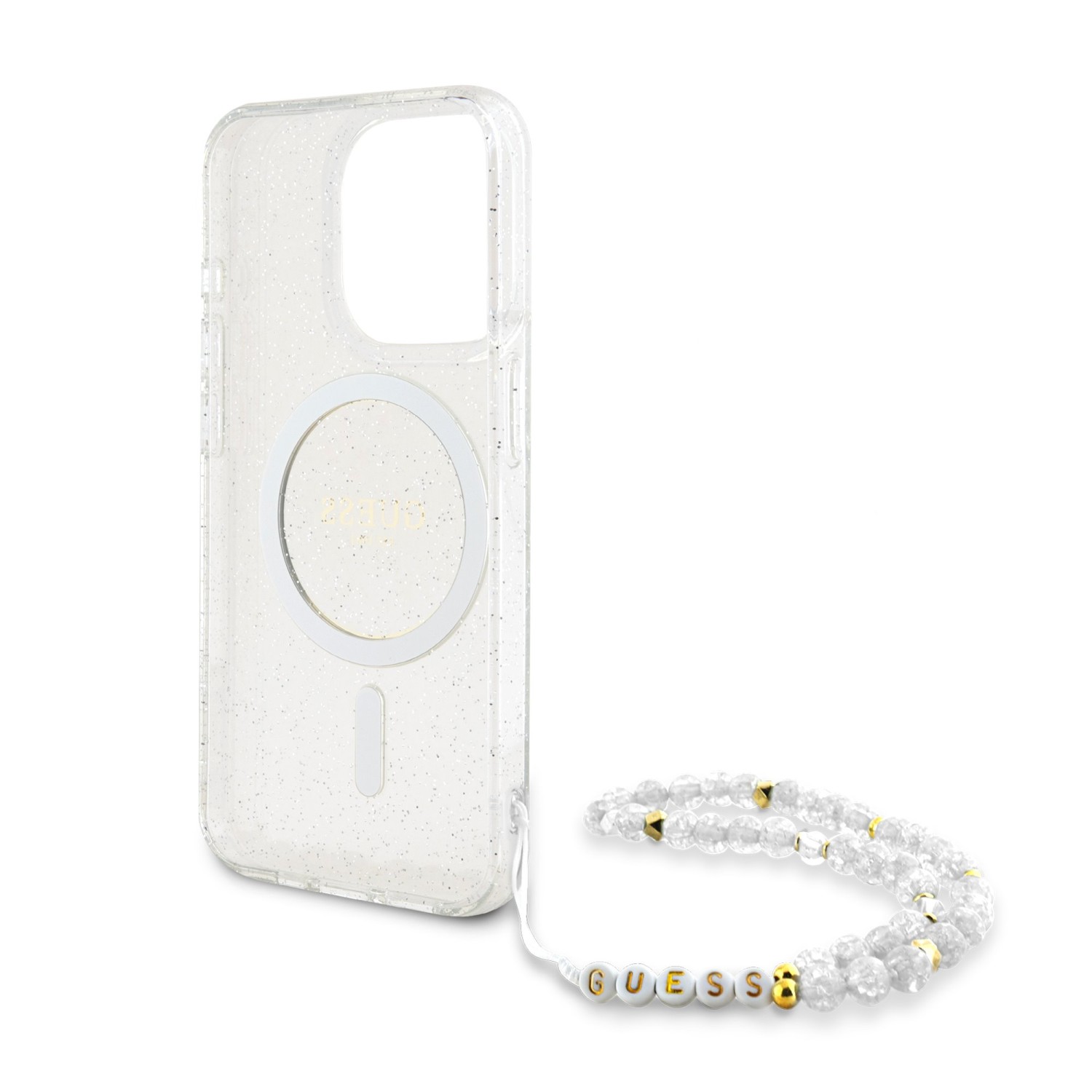 Guess IML Glitter Strap MagSafe Zadní Kryt pro iPhone 15 Pro Max Transparent
