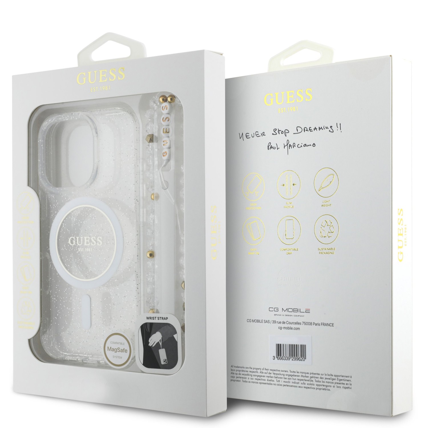 Guess IML Glitter Strap MagSafe Zadní Kryt pro iPhone 15 Pro Max Transparent