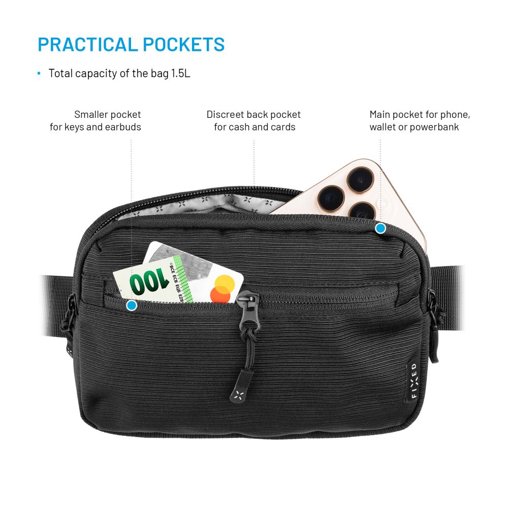 Taštička okolo pasu s kapsami FIXED Camino Belt, černá