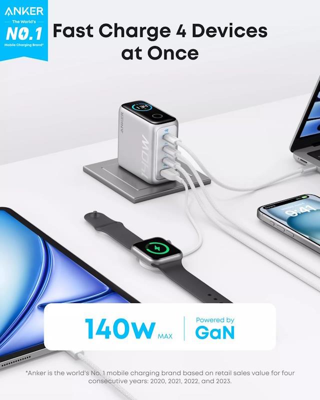 Anker 140W, 3xUSB-C, 1xUSB Nabíječka do sítě stříbrná