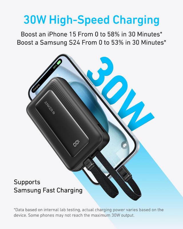 Anker 10000mAh, 30W Powerbanka s kabelem USB-C + Lightning černá