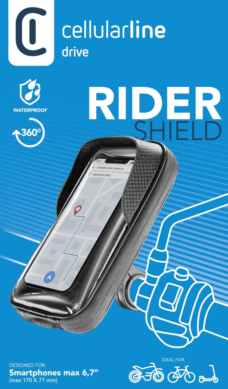 Univerzální držák mobilního telefonu Cellularline Rider Shield na řídítka  pro motorku i kolo, voděodolný, do vel. 6,7",