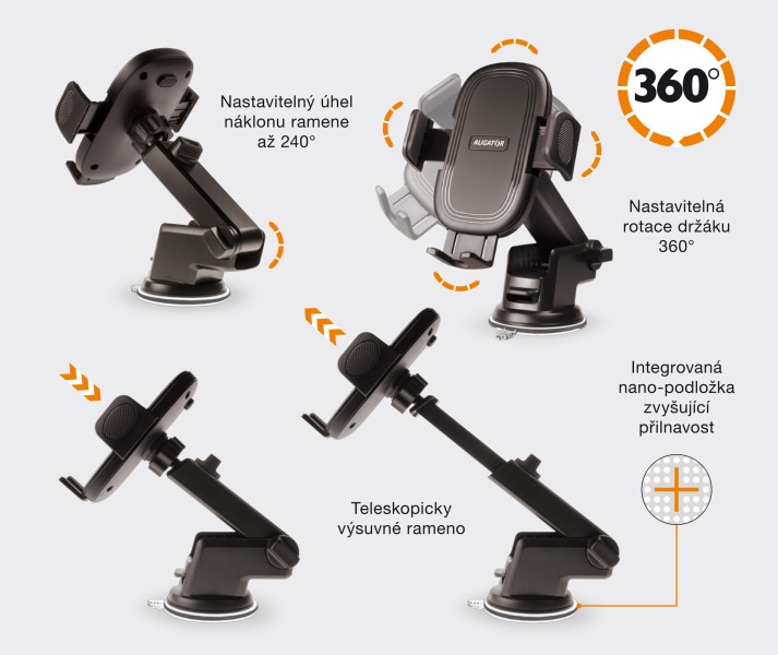 Držák do auta s výsuvným ramenem HA21 Aligator Multi na čelní sklo a palubní desku, univerzální