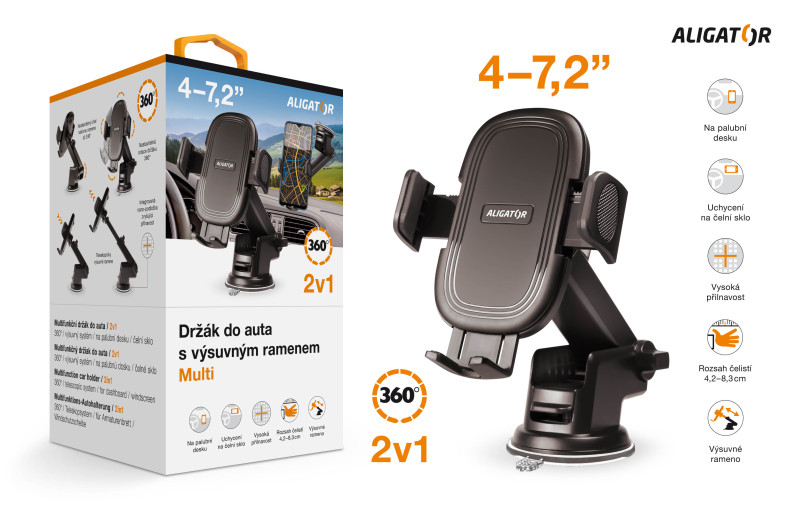 Držák do auta s výsuvným ramenem HA21 Aligator Multi na čelní sklo a palubní desku, univerzální