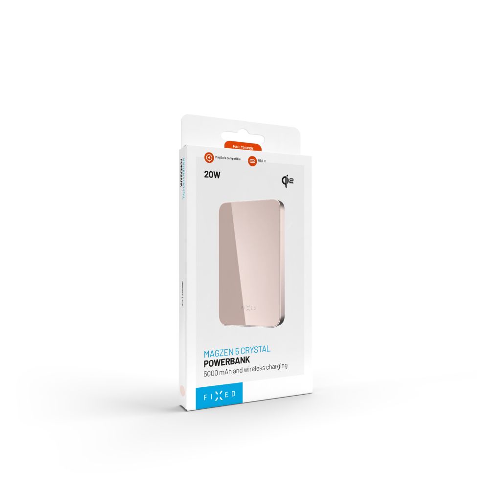 Powerbanka FIXED MagZen 5 Crystal s bezdrátovým nabíjením se standardem Qi2 a podporou MagSafe, 5 000 mAh, růžová