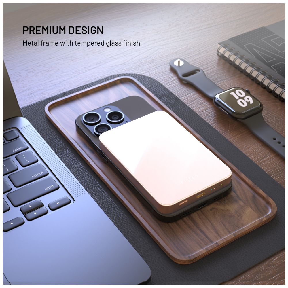 Powerbanka FIXED MagZen 5 Crystal s bezdrátovým nabíjením se standardem Qi2 a podporou MagSafe, 5 000 mAh, růžová