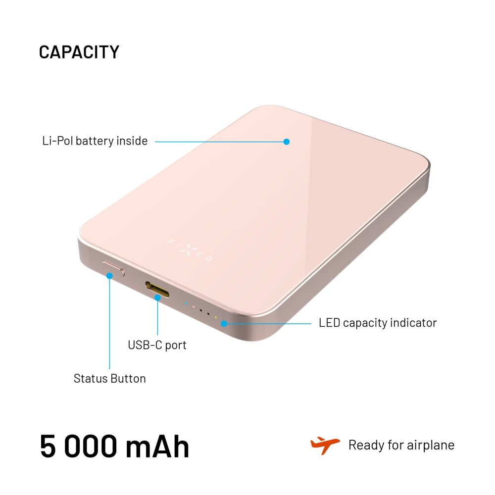 Powerbanka FIXED MagZen 5 Crystal s bezdrátovým nabíjením se standardem Qi2 a podporou MagSafe, 5 000 mAh, růžová