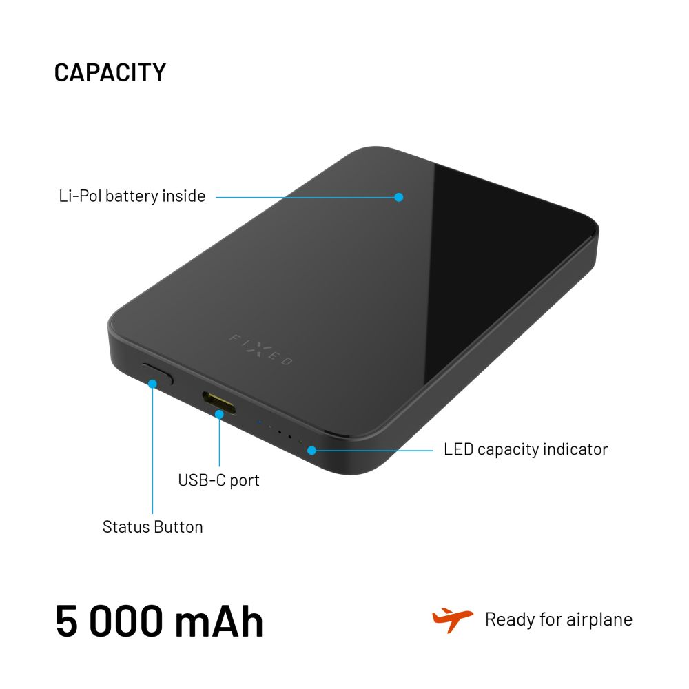 Powerbanka FIXED MagZen 5 Crystal s bezdrátovým nabíjením se standardem Qi2 a podporou MagSafe, 5 000 mAh, černá