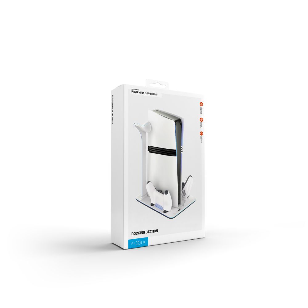Dokovací stanice FIXED pro PlayStation 5 (Pro/Slim) s větráky a nabíjením pro 2xDualSense, černo-bílá
