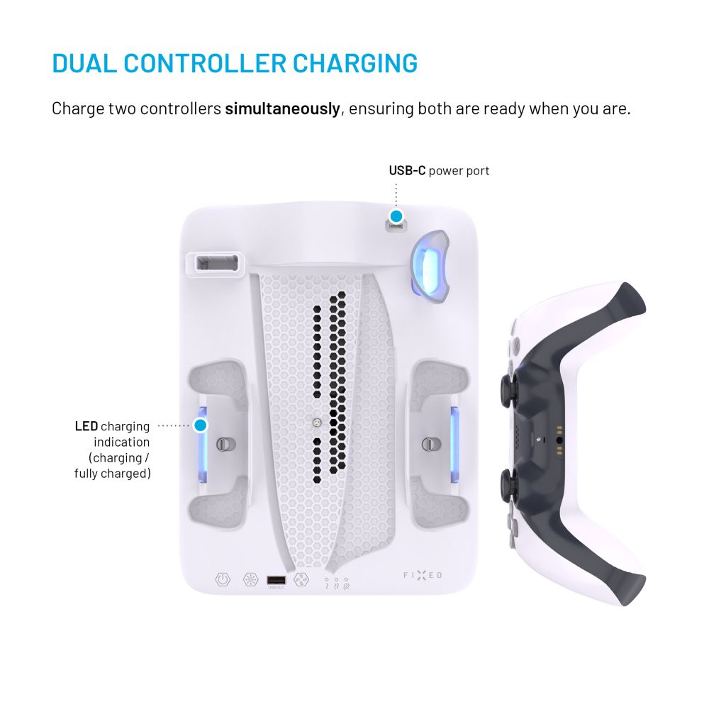 Dokovací stanice FIXED pro PlayStation 5 (Pro/Slim) s větráky a nabíjením pro 2xDualSense, černo-bílá