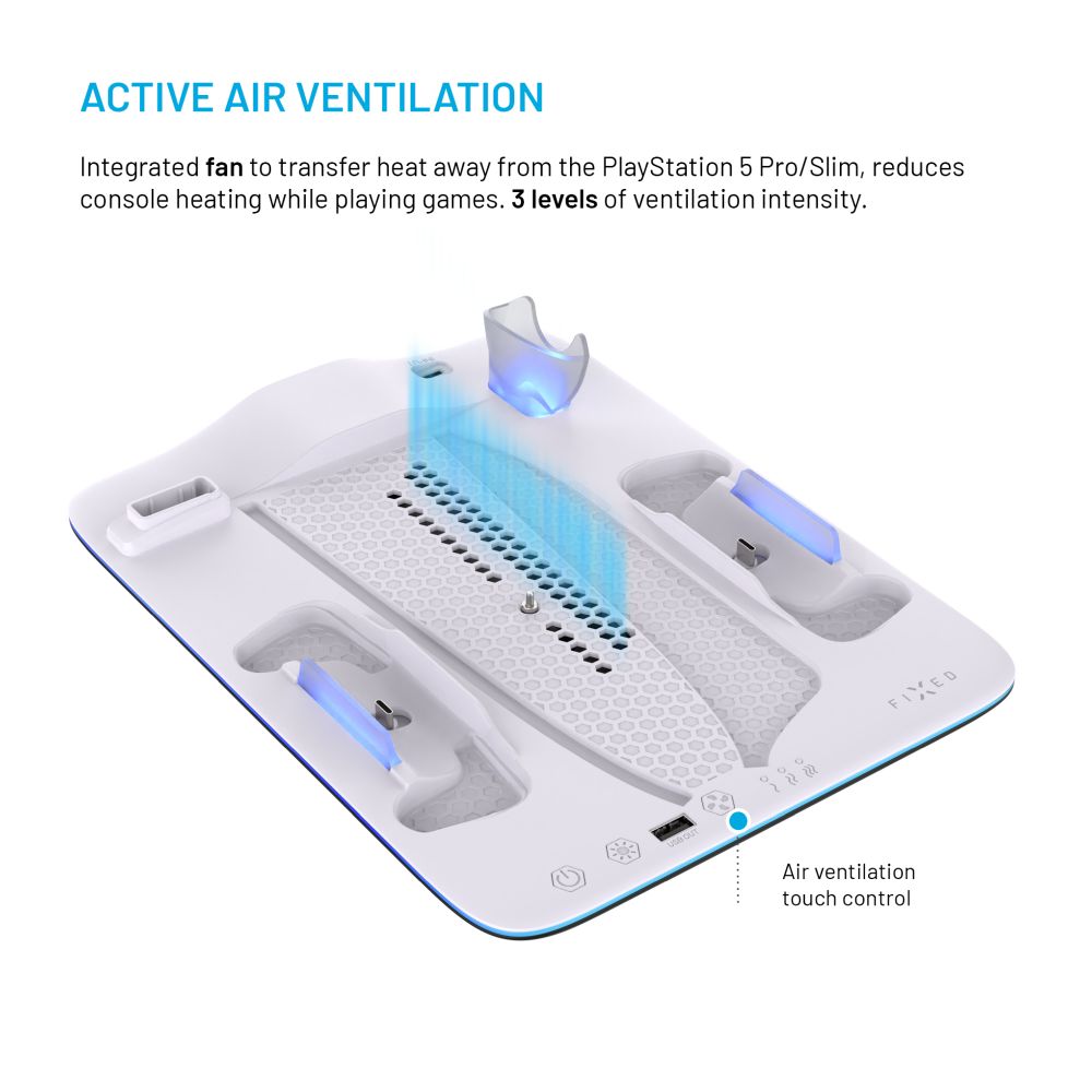 Dokovací stanice FIXED pro PlayStation 5 (Pro/Slim) s větráky a nabíjením pro 2xDualSense, černo-bílá