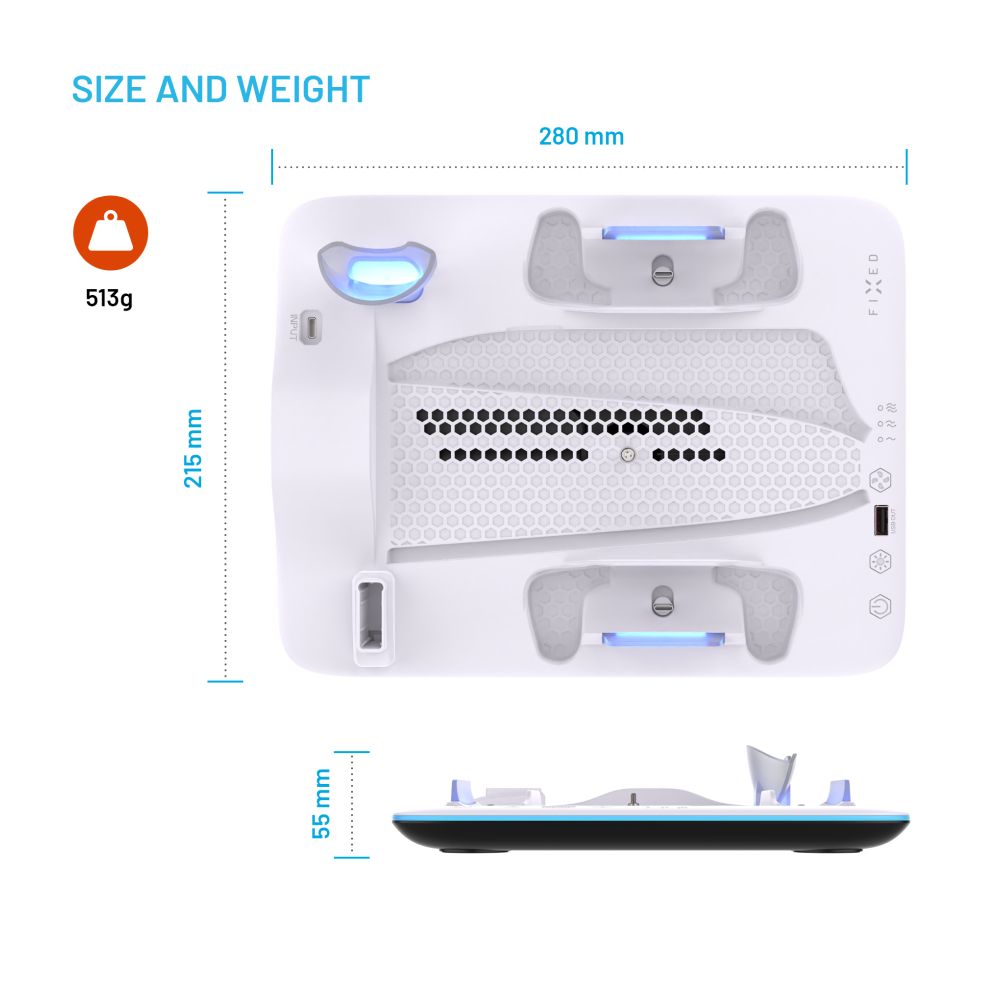 Dokovací stanice FIXED pro PlayStation 5 (Pro/Slim) s větráky a nabíjením pro 2xDualSense, černo-bílá