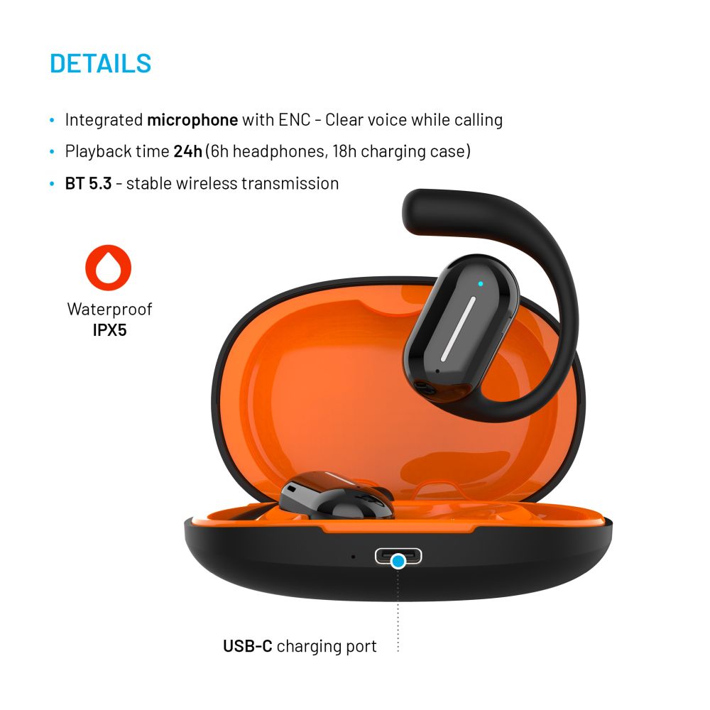 Bezdrátová otevřená TWS sluchátka FIXED Nods, černá