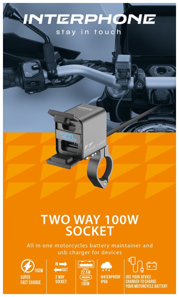 Nabíječka Interphone - USB-C, USB-A s nabíjením baterie motocyklu
