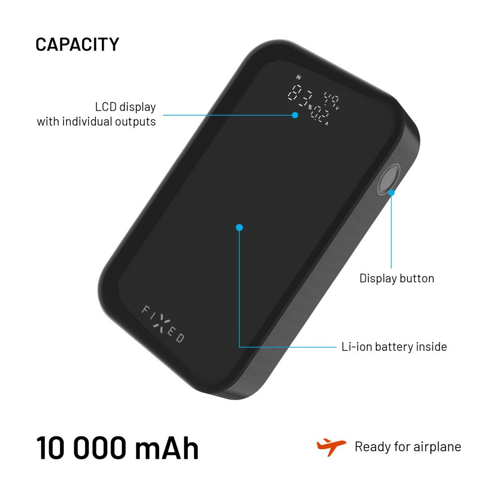 Powerbanka FIXED Zen 10 Pro s LCD displejem a výstupem 30W, 10 000 mAh, černá