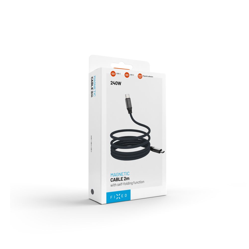Dlouhý magnetický nabíjecí a datový opletený kabel FIXED s konektory USB-C/USB-C a podporou PD, 2m, USB 2.0, 240W, šedý