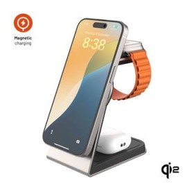 Stojanček s bezdrôtovým nabíjaním 3v1 FIXED MagPowerstation Alu 2 s podporou MagSafe, 15W+3.5W+2.5W, Qi2, titánová