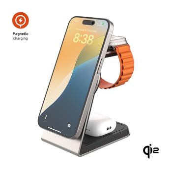 Stojánek s bezdrátovým nabíjením 3v1 FIXED MagPowerstation Alu 2 s podporou MagSafe, 15W+3.5W+2.5W, Qi2, titanová