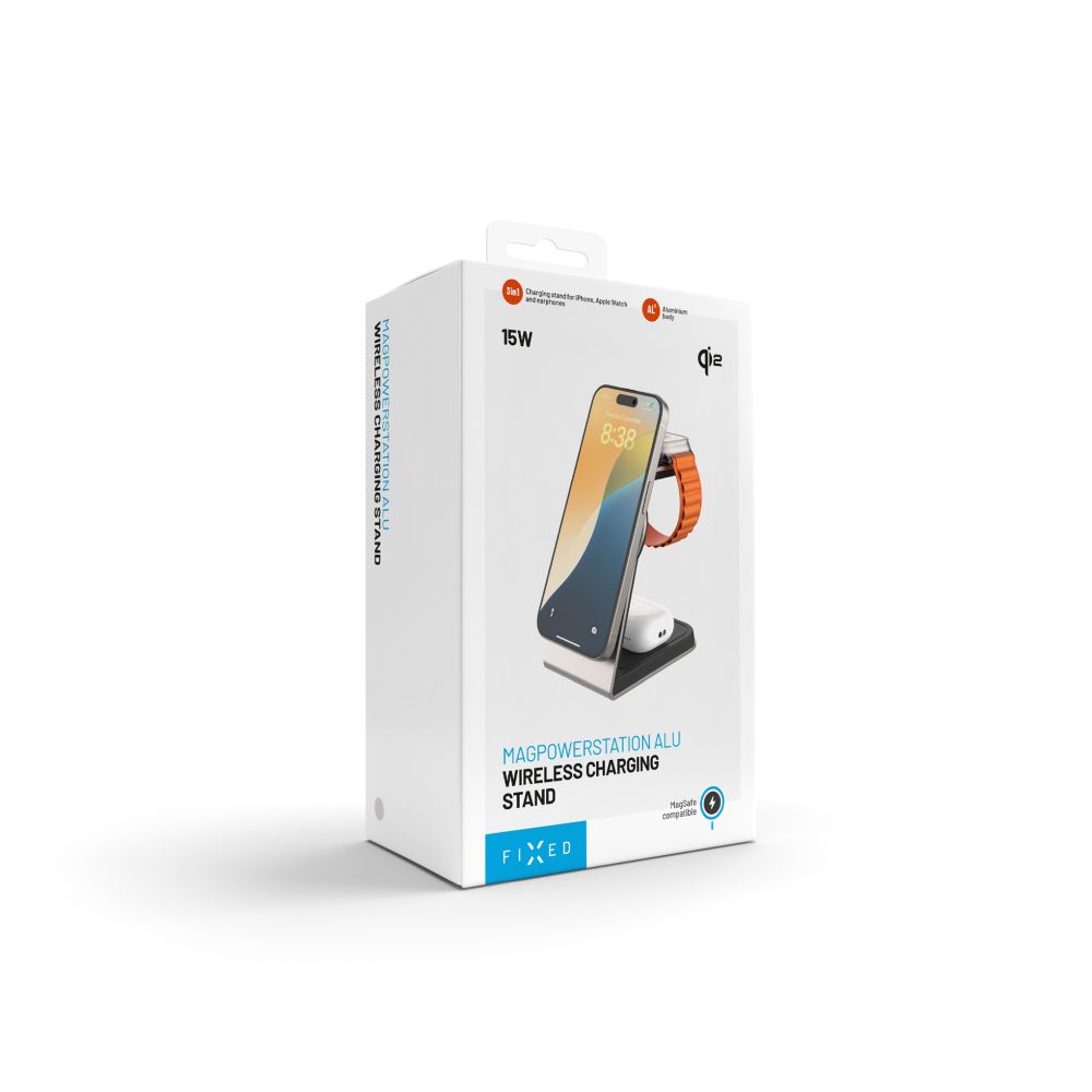 Stojánek s bezdrátovým nabíjením 3v1 FIXED MagPowerstation Alu 2 s podporou MagSafe, 15W+3.5W+2.5W, Qi2, titanový
