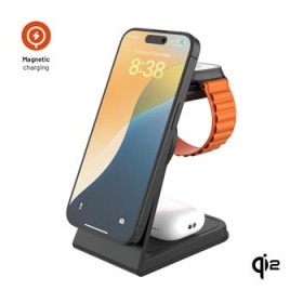 Stojanček s bezdrôtovým nabíjaním 3v1 FIXED MagPowerstation Alu 2 s podporou MagSafe, 15W+3.5W+2.5W, Qi2, čierna