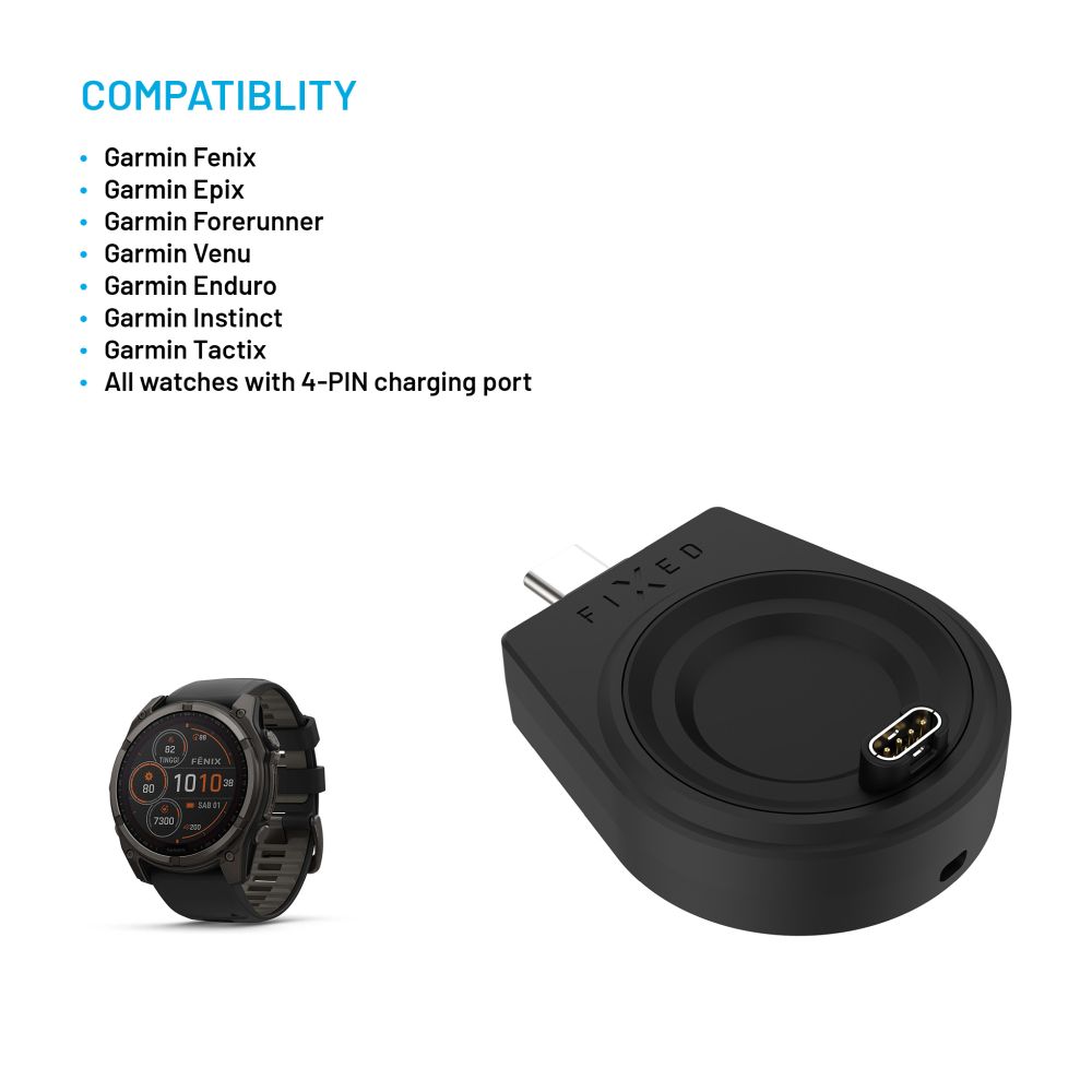 Nabíjecí USB-C adaptér FIXED pro smartwatch Garmin Fenix 5/6/7/7X/8, Epix, Venu 2/3/3S, Vívoactive 3/4/5, černý