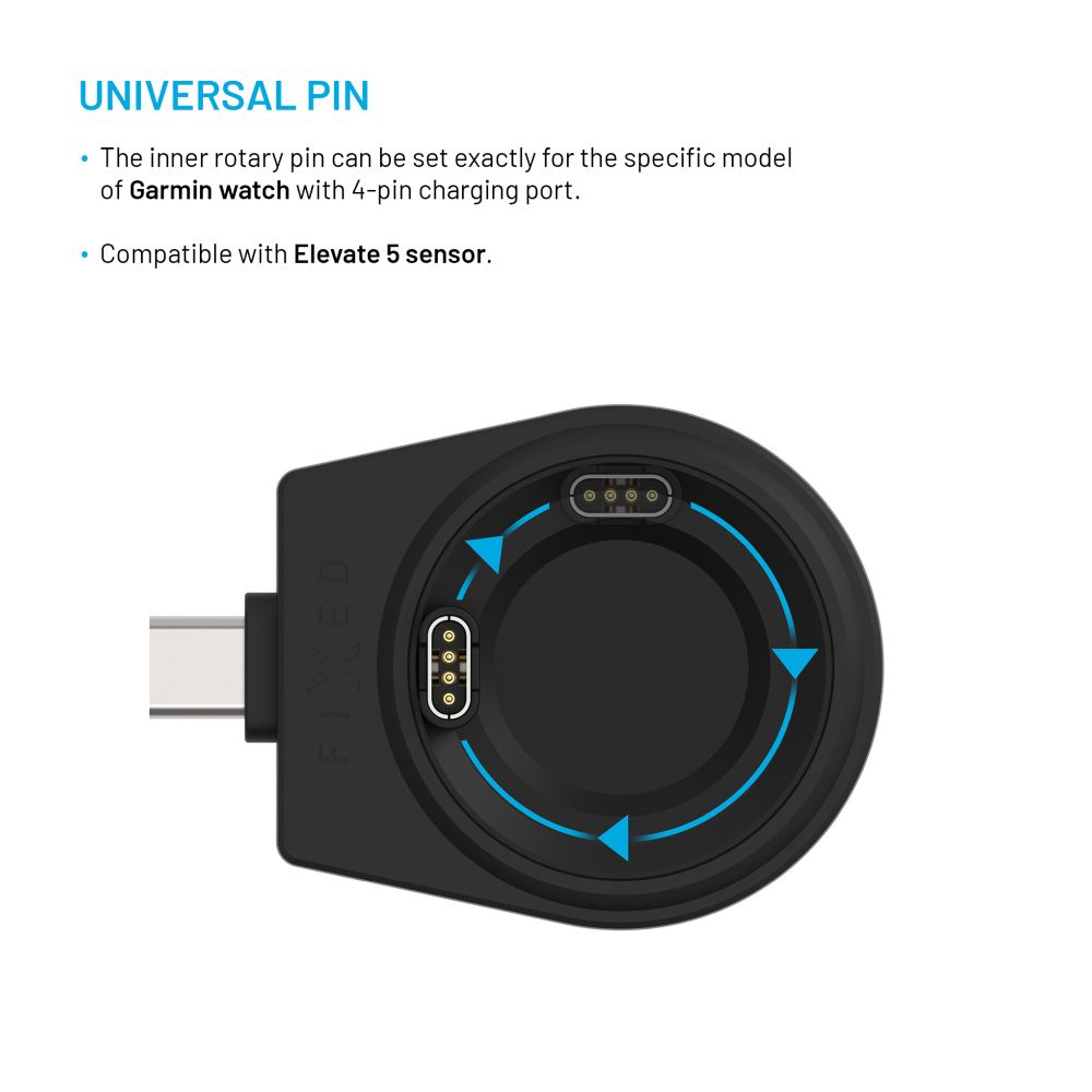 Nabíjecí USB-C adaptér FIXED pro smartwatch Garmin Fenix 5/6/7/7X/8, Epix, Venu 2/3/3S, Vívoactive 3/4/5, černý