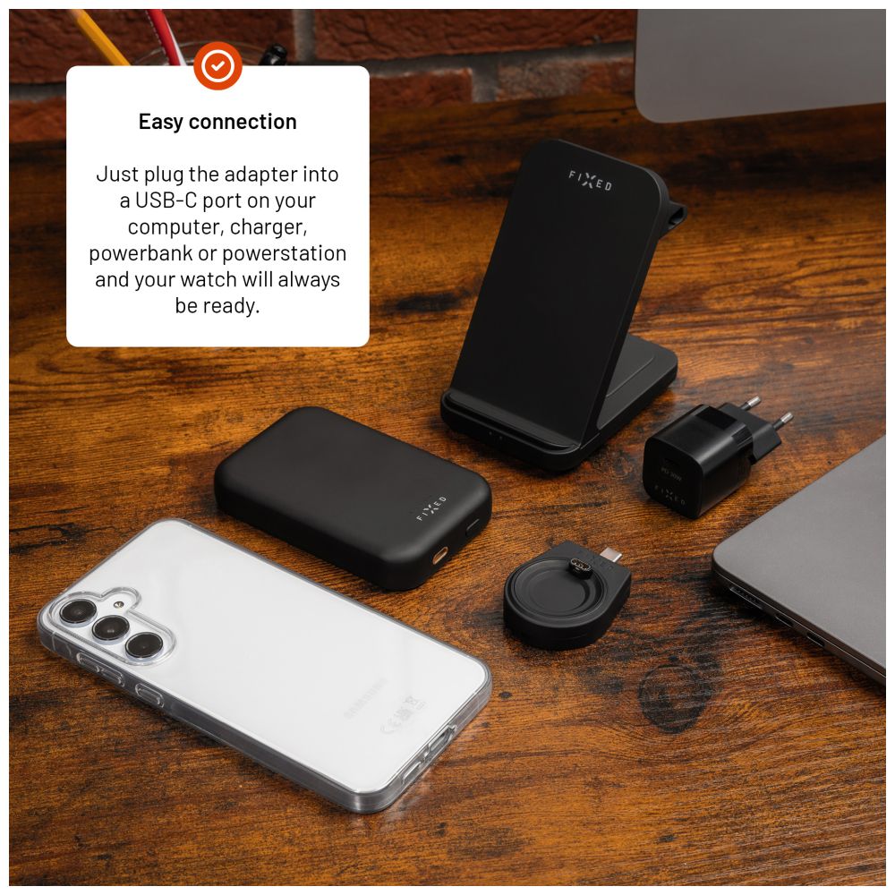 Nabíjecí USB-C adaptér FIXED pro smartwatch Garmin Fenix 5/6/7/7X/8, Epix, Venu 2/3/3S, Vívoactive 3/4/5, černý