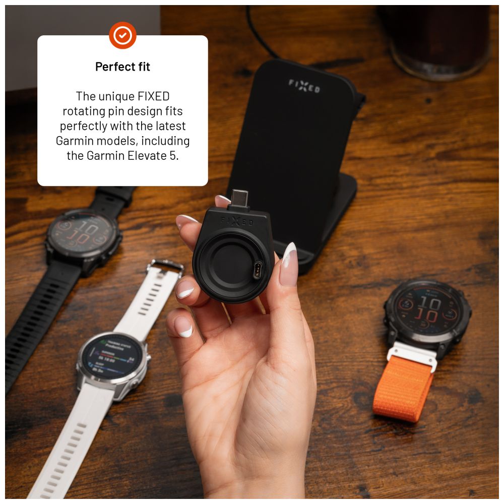 Nabíjecí USB-C adaptér FIXED pro smartwatch Garmin Fenix 5/6/7/7X/8, Epix, Venu 2/3/3S, Vívoactive 3/4/5, černý