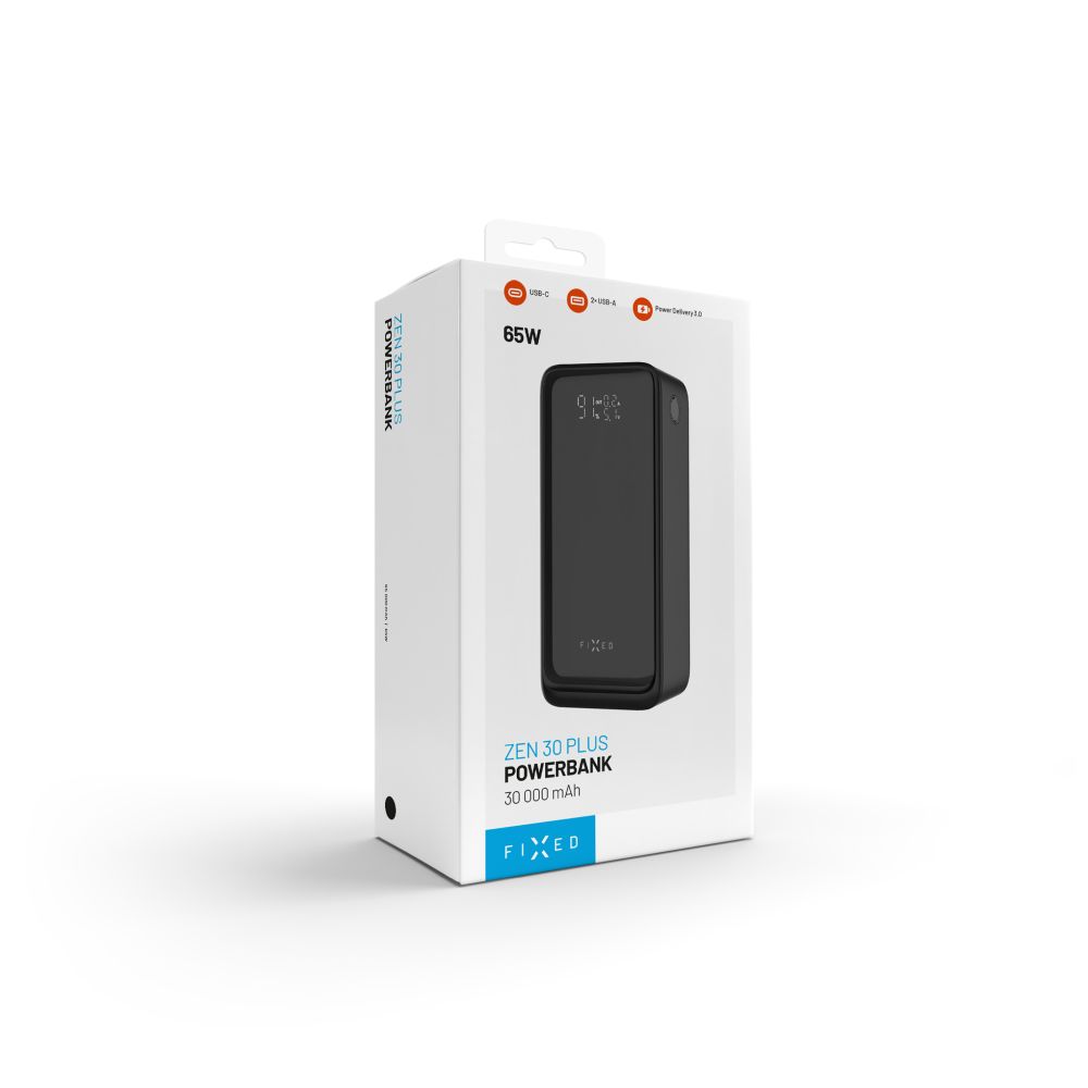 Powerbanka FIXED Zen2 30 Plus s LCD displejem a výstupem PD 65W, 30 000 mAh, černá