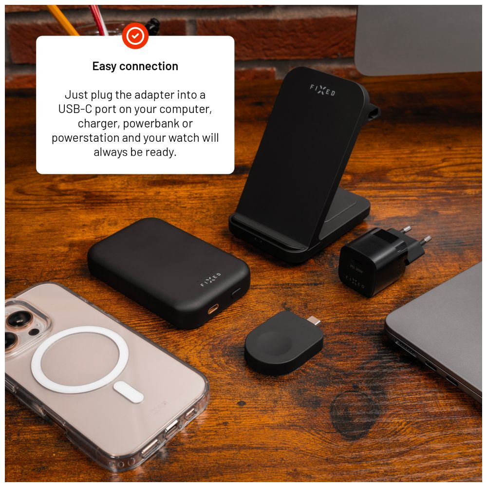Nabíjecí USB-C adaptér FIXED pro Apple Watch kompatibilní s Powerstation Uni, černý