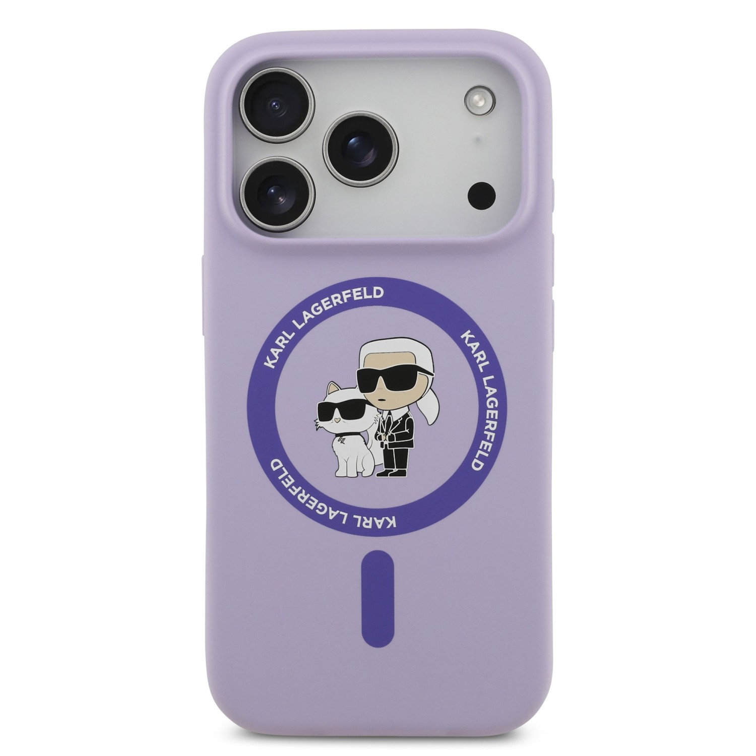Karl Lagerfeld Liquid Silicone Karl and Choupette MagSafe Zadní Kryt pro iPhone 17 Pro Purple