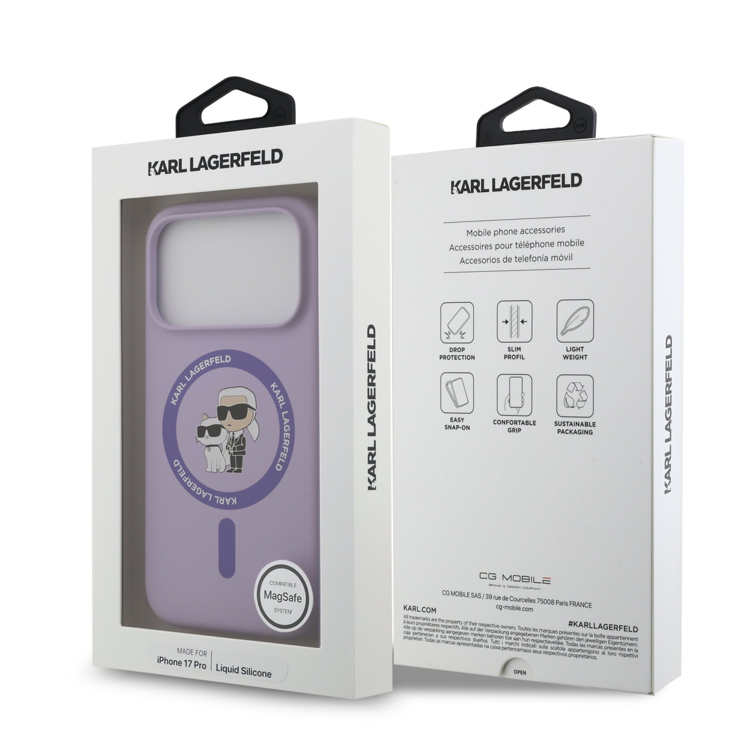 Karl Lagerfeld Liquid Silicone Karl and Choupette MagSafe Zadní Kryt pro iPhone 17 Pro Purple