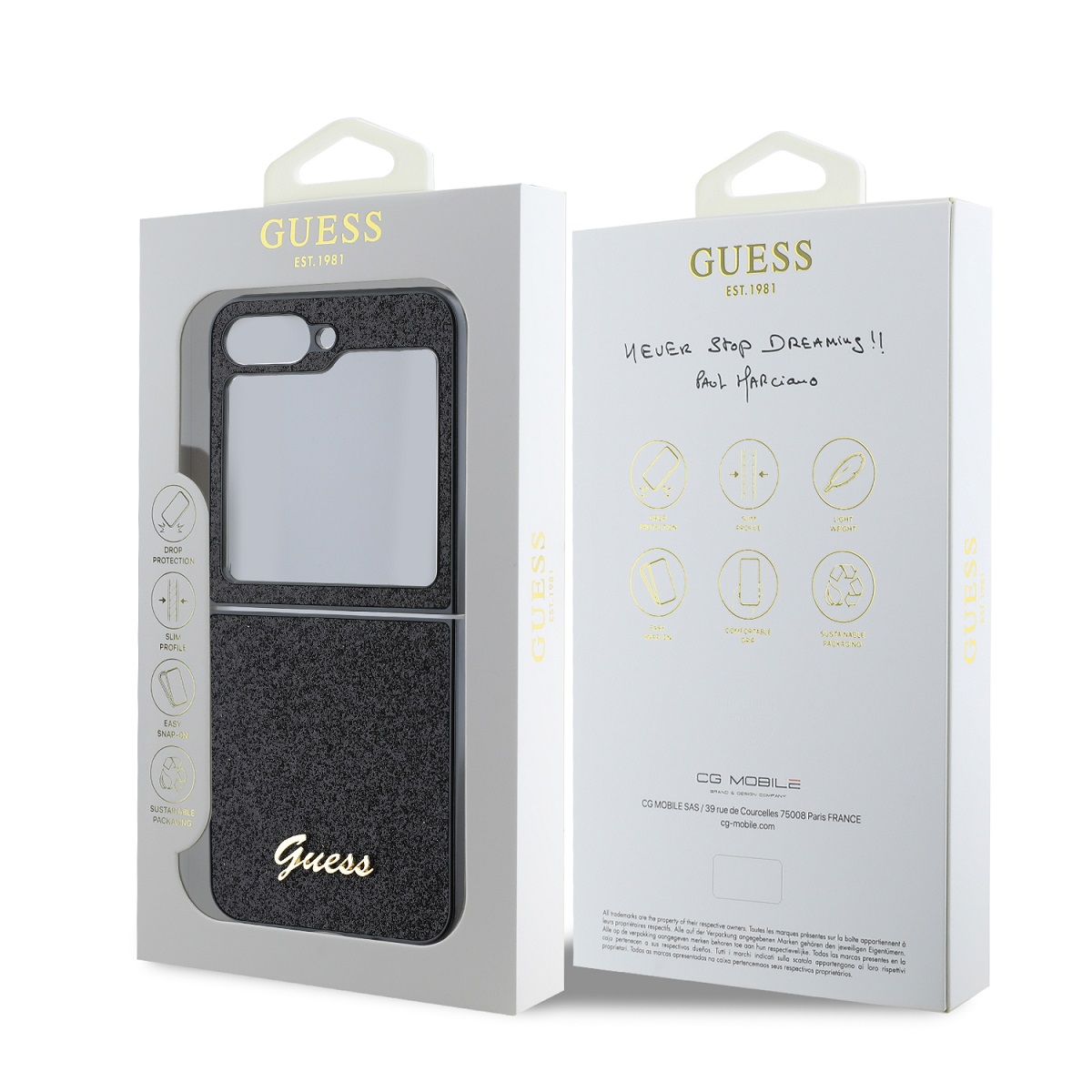 Guess PC/TPU Glitter Flakes Metal Logo Zadní Kryt pro Samsung Galaxy Z Flip 6/7 FE Black