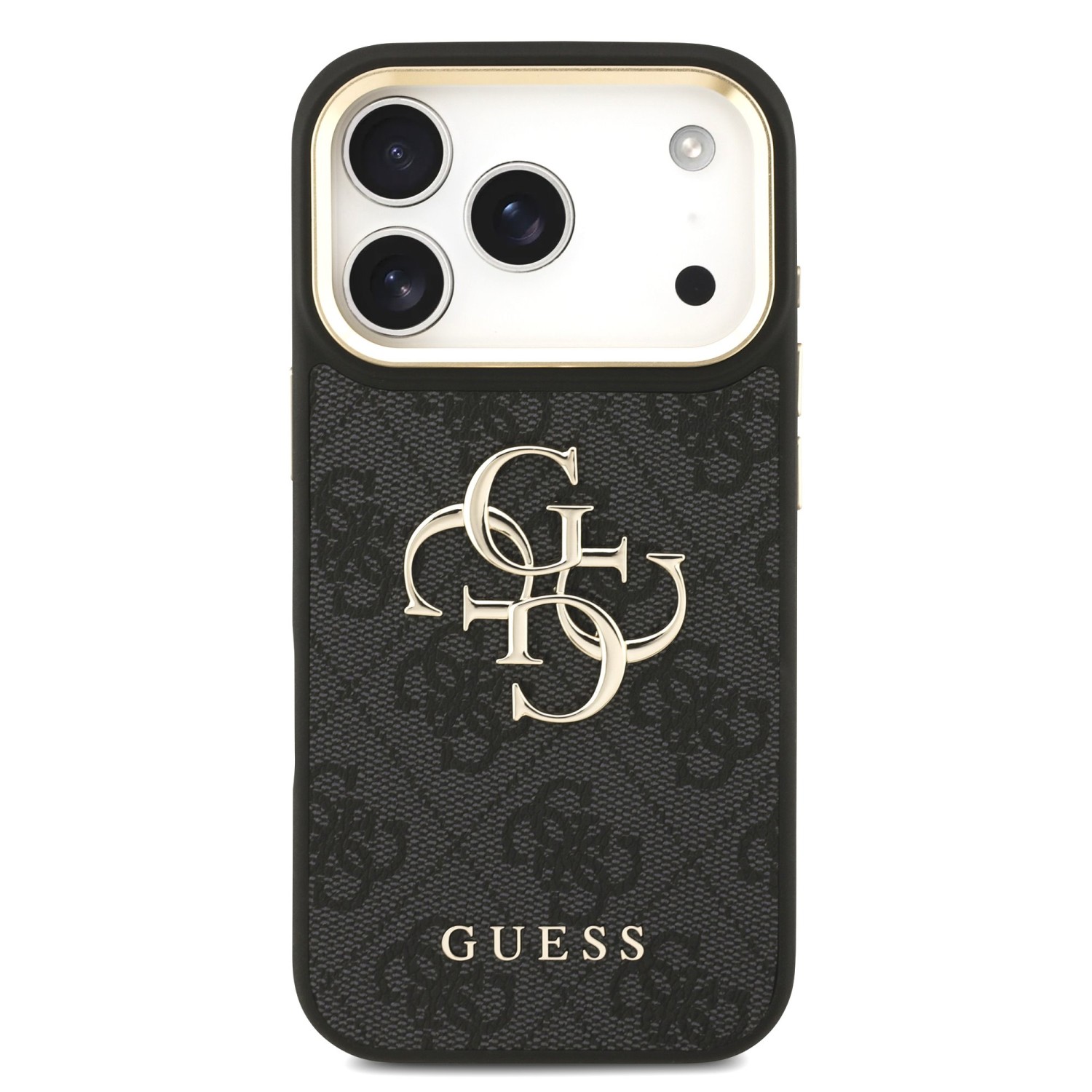Guess PU Leather 4G Metal Logo Gold Frame Zadní Kryt pro iPhone 17 Pro Black