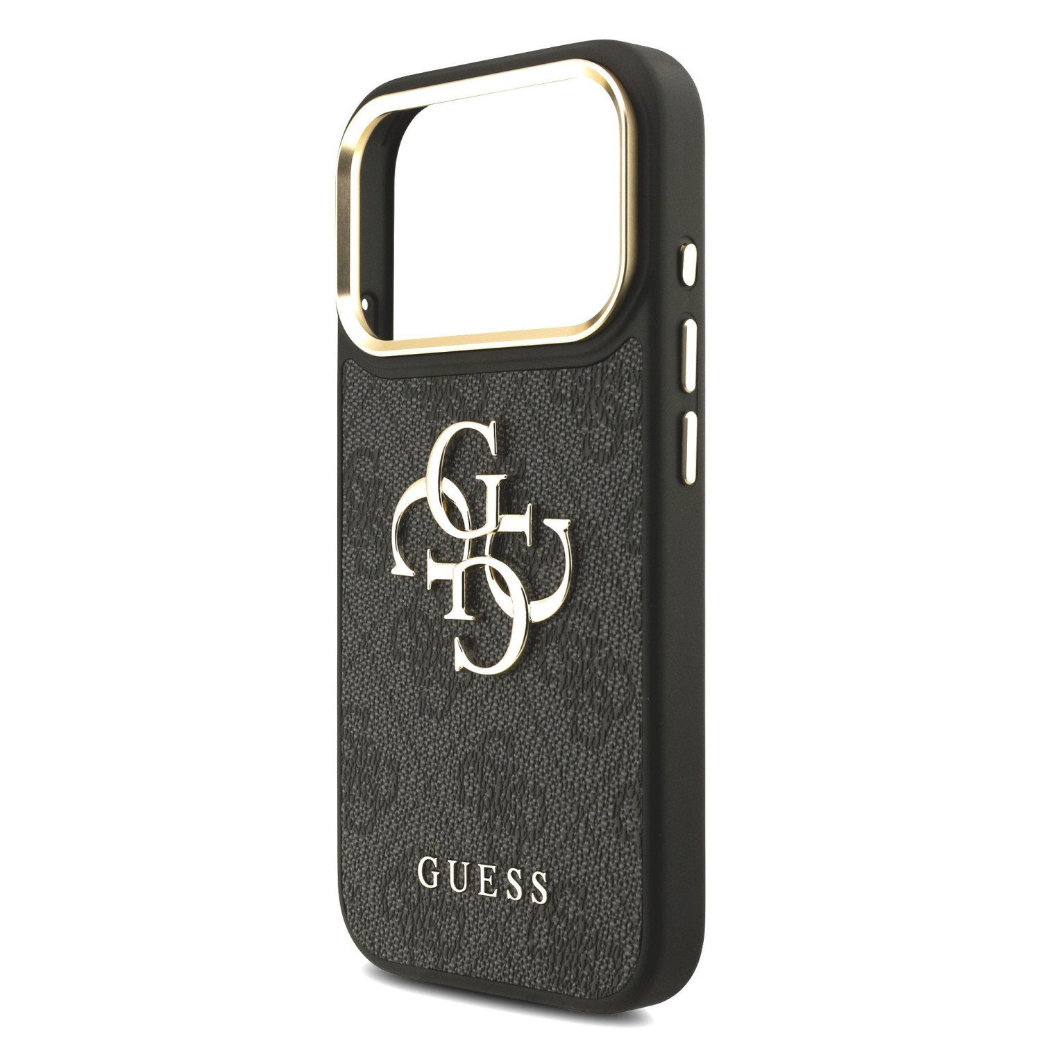 Guess PU Leather 4G Metal Logo Gold Frame Zadní Kryt pro iPhone 17 Pro Black