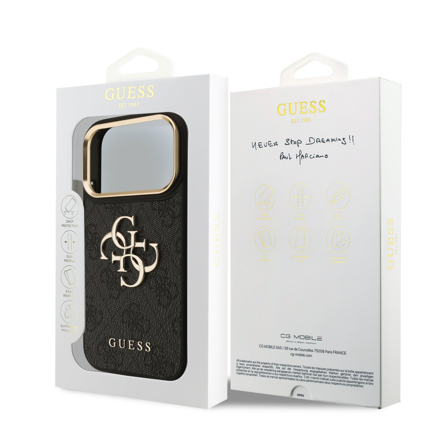 Guess PU Leather 4G Metal Logo Gold Frame Zadní Kryt pro iPhone 17 Pro Black