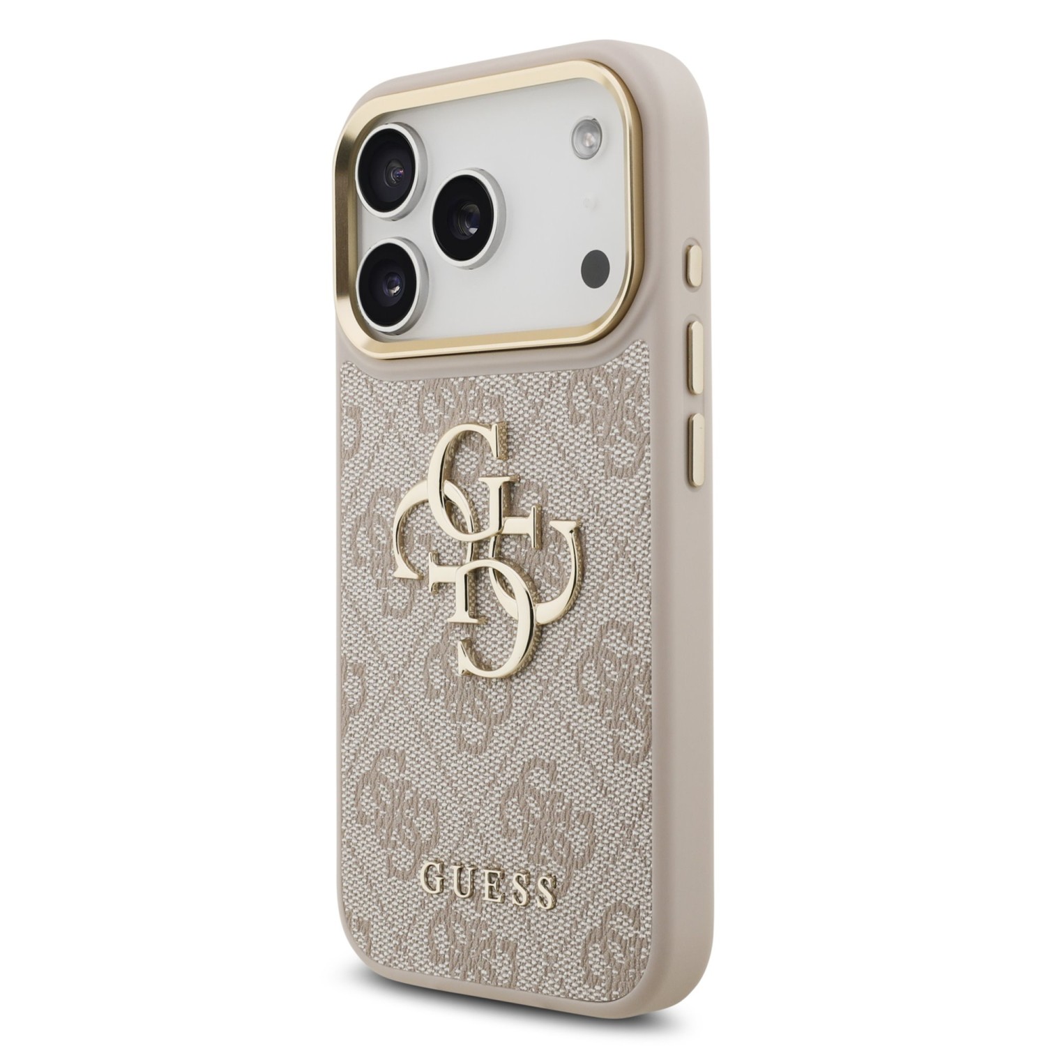 Guess PU Leather 4G Metal Logo Gold Frame Zadní Kryt pro iPhone 17 Pro Pink