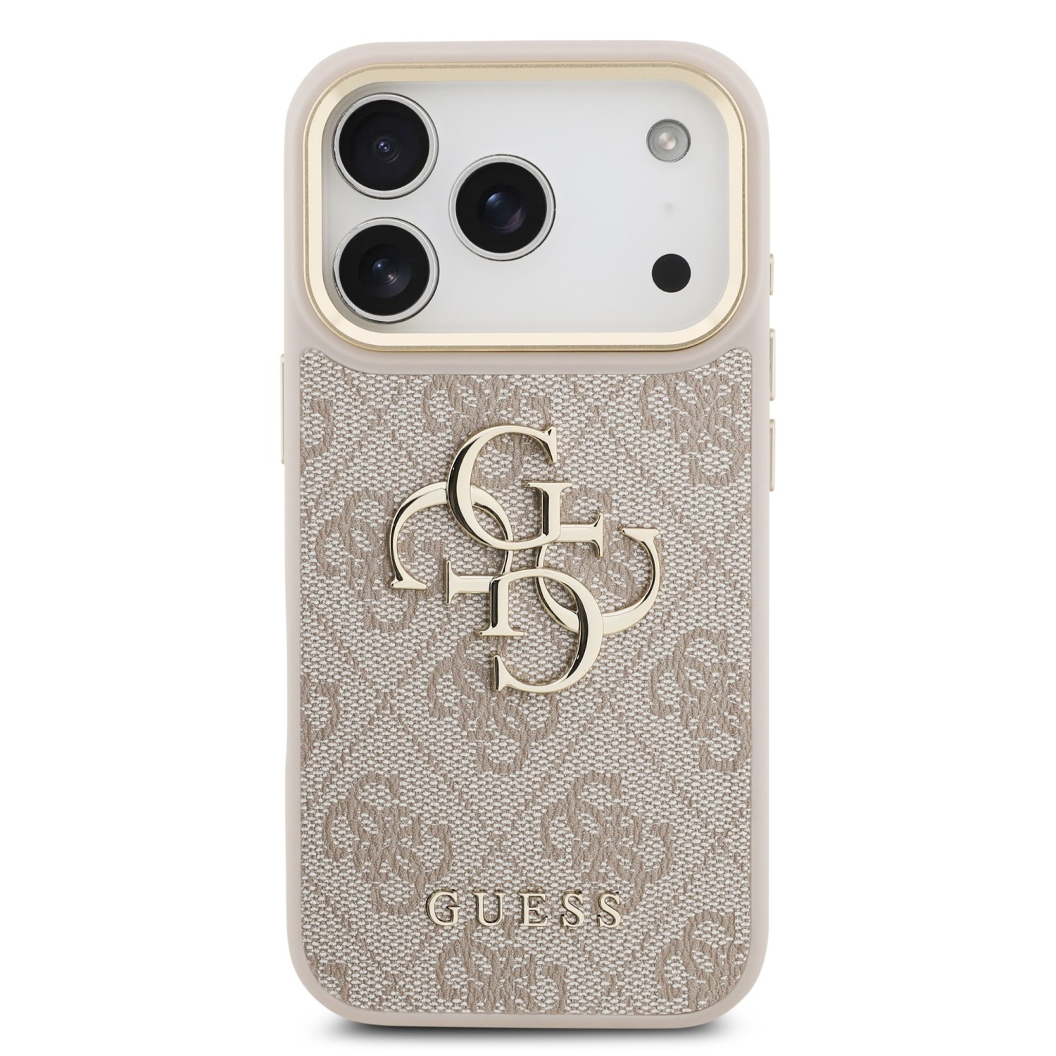 Guess PU Leather 4G Metal Logo Gold Frame Zadní Kryt pro iPhone 17 Pro Pink