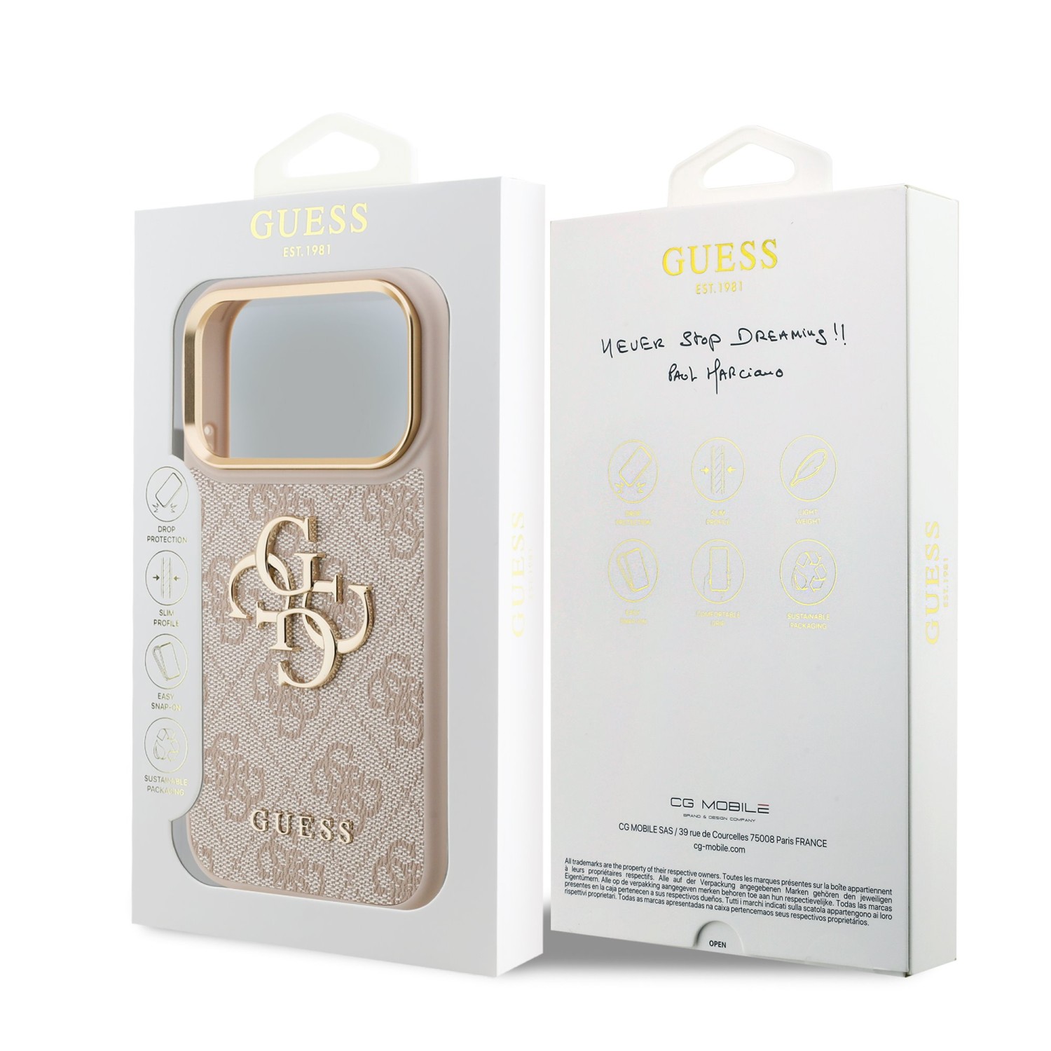Guess PU Leather 4G Metal Logo Gold Frame Zadní Kryt pro iPhone 17 Pro Pink