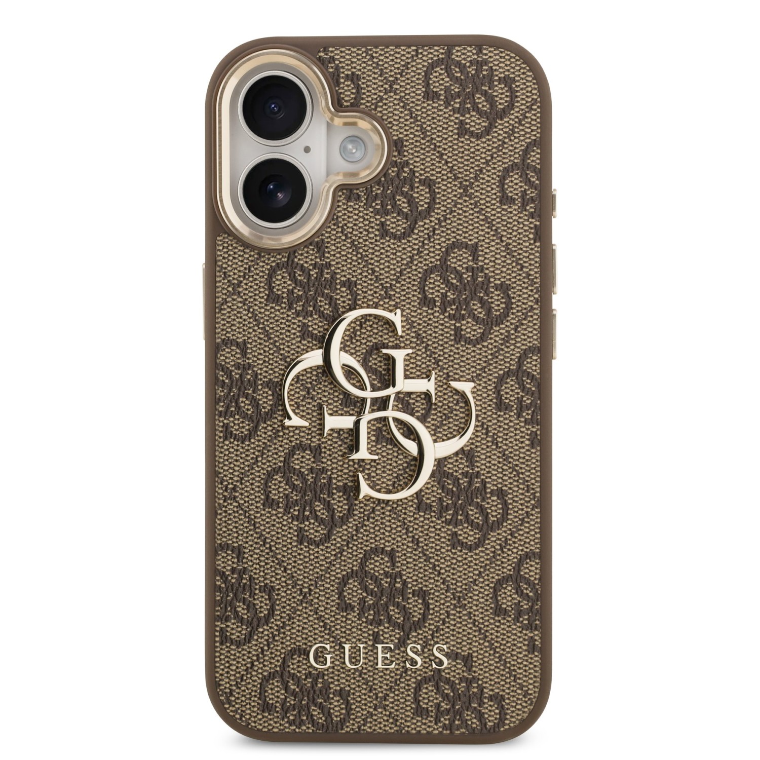 Guess PU Leather 4G Metal Logo Gold Frame Zadní Kryt pro iPhone 17 Brown