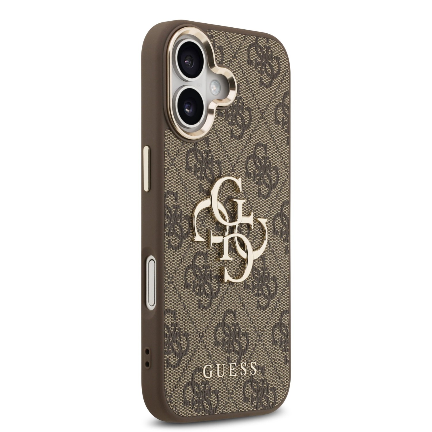 Guess PU Leather 4G Metal Logo Gold Frame Zadní Kryt pro iPhone 17 Brown
