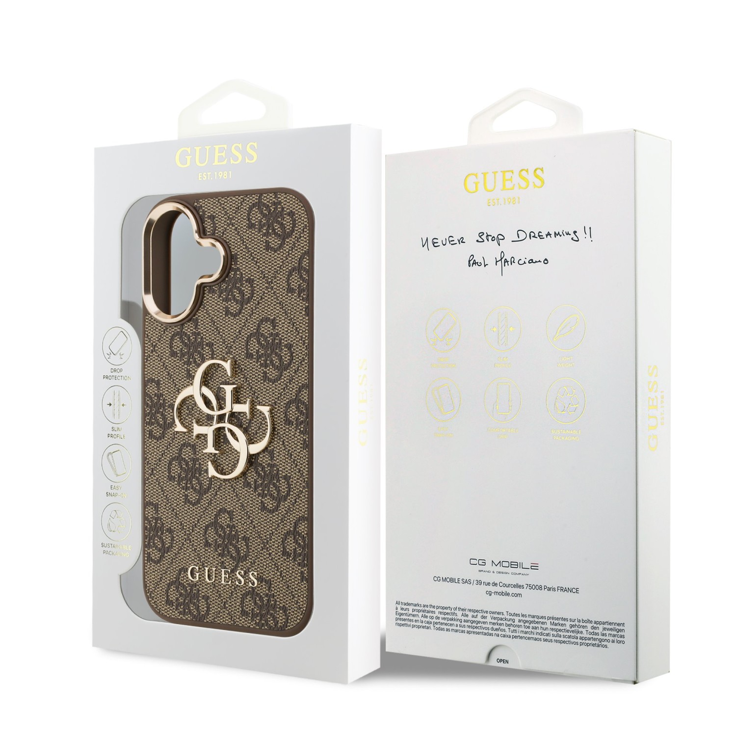 Guess PU Leather 4G Metal Logo Gold Frame Zadní Kryt pro iPhone 17 Brown