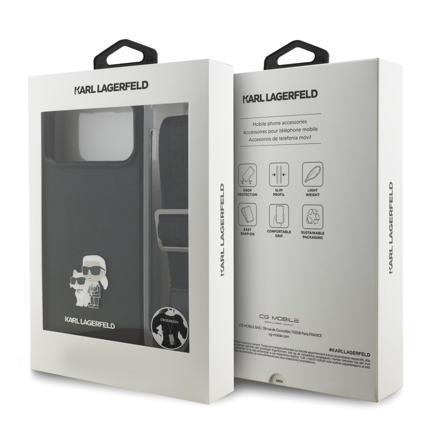 Karl Lagerfeld Saffiano Crossbody Popruh Metal Karl and Choupette Zadní Kryt pro iPhone 17 Pro Max Black